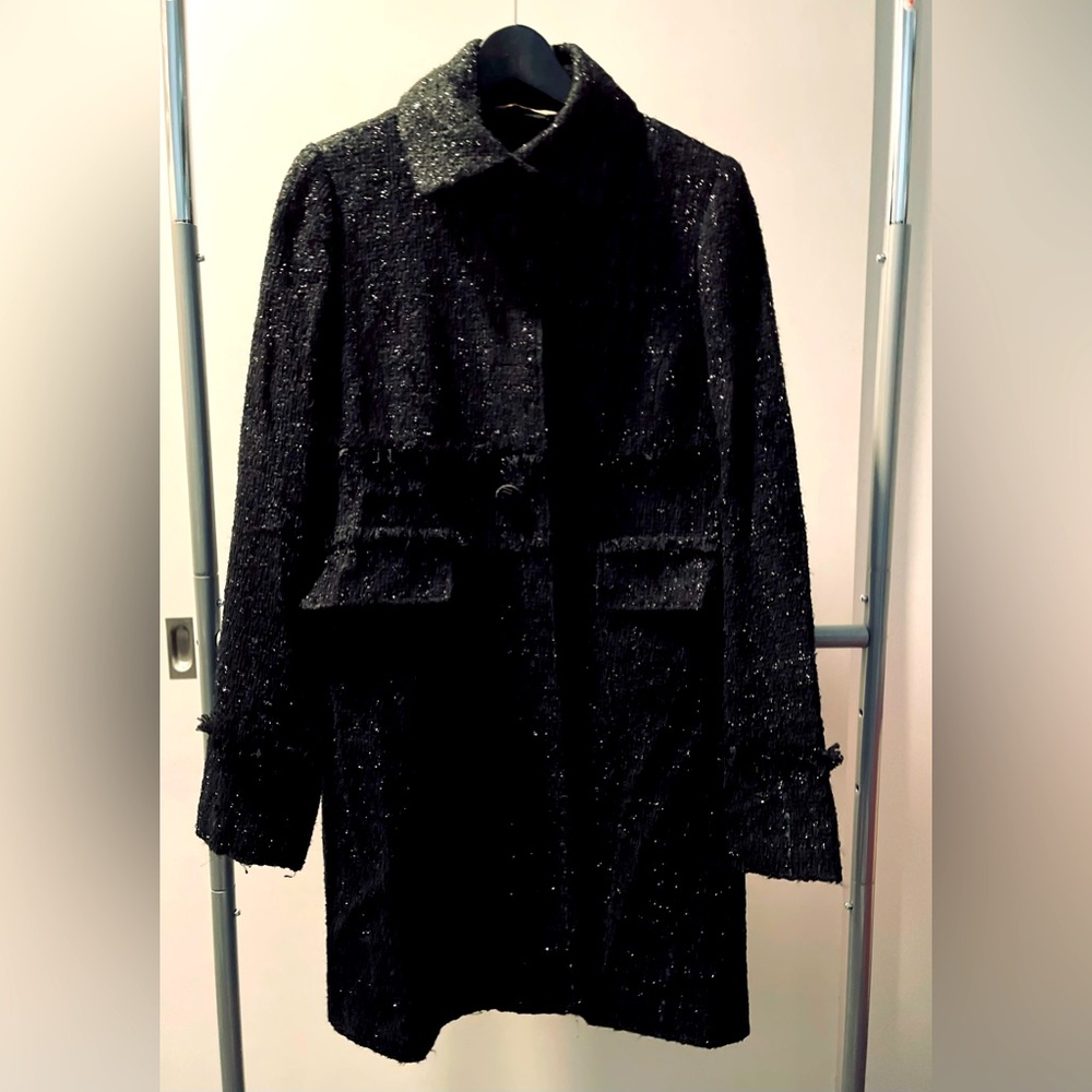 Italian woman Boucle Lurex coat Black with silver threads. Size 48 Italian